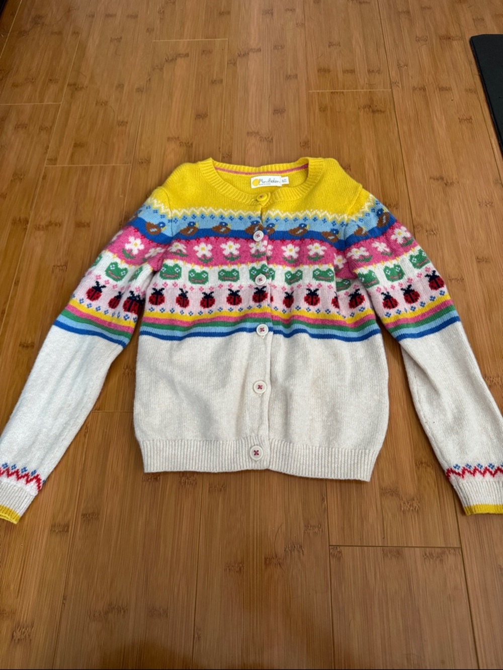 Mini Boden Cream Cardigan Sweater with Yellow and Multicolor Fair Isle